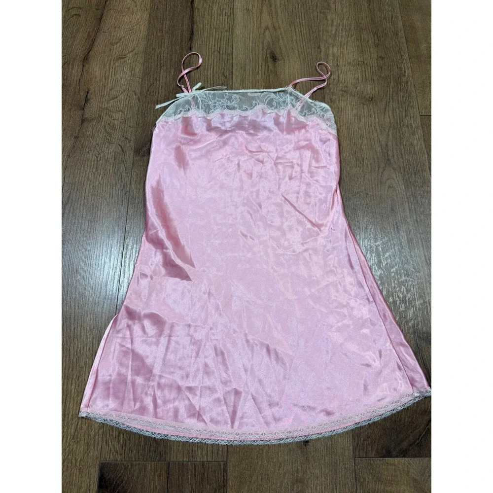 Victorias‎ Secret Pink Satin Lace Trim Chemise Nightgown Slip Dress Small